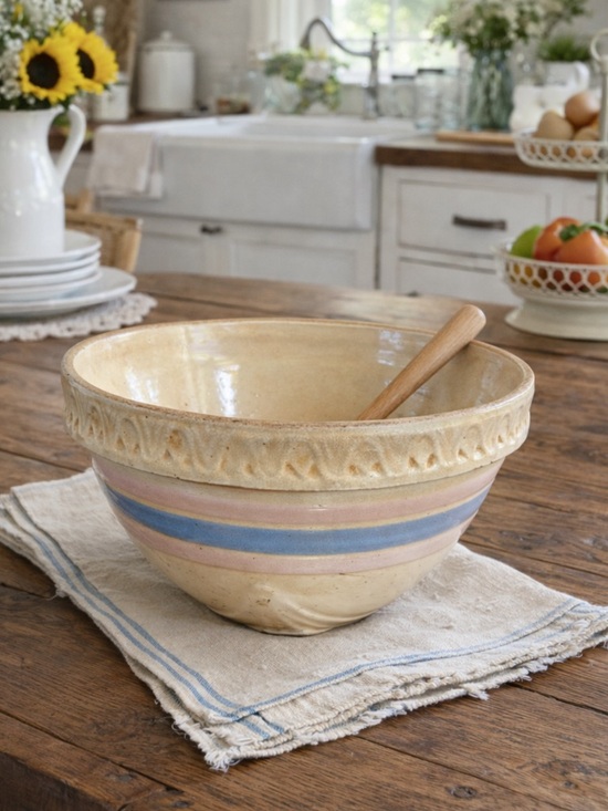 Vintage Other - Antique Stoneware Mixing Bowl with Blue & Pink Glaze Stripe 10"